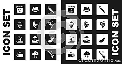 Set Umbrella, Little chick, Acorn, Calendar with autumn leaves, Grape fruit, Sweater, Eggplant and Bare tree icon Vector Illustration