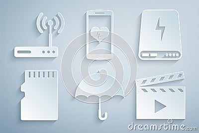 Set Umbrella, Power bank, Micro SD memory card, Movie clapper, Smartphone with heart rate and Router and wi-fi icon Vector Illustration