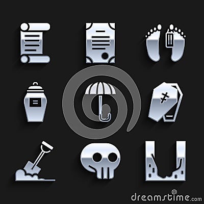 Set Umbrella, Skull, Cemetery digged grave hole, Coffin with cross, Shovel the ground, Funeral urn, Dead body and Decree Vector Illustration