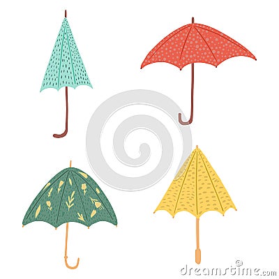 Set umbrellas different forms on white background. Abstract umbrellas red, blue, yellow and green color with flowers and polka dot Cartoon Illustration