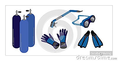 Set of Underwater Diving Equipment on White Background Vector Illustration