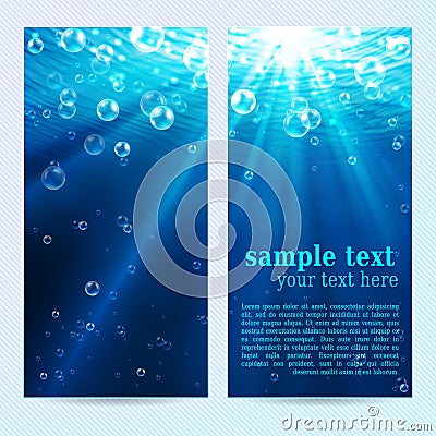 Set of underwater vertical banners, abstract backgrounds with sunlight and air bubbles Vector Illustration