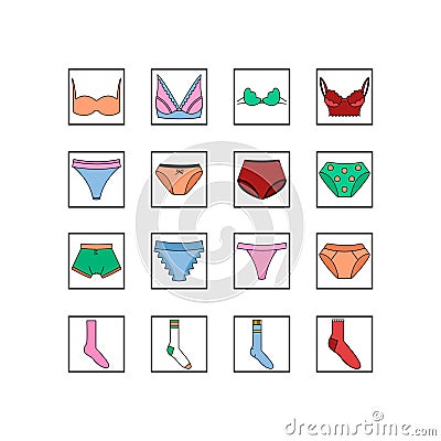 Set of underwear clothes panties, bra and socks. Colection of lingerie. Vector icon. Vector Illustration