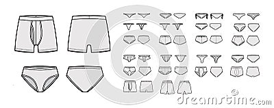 Set of underwear lingerie panties briefs technical fashion illustration with elastic waistband. Flat Trunk Underpants Vector Illustration