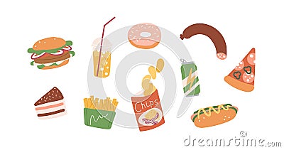 Set of unhealthy junk food. Fastfood icons of burger, hot-dog, pizza, sausage, chips, french fries, donut, cake and soda Vector Illustration