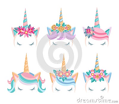 Set of unicorn faces with flowers and lashes. Unicorn tiaras in flat style. Cute unicorn heads isolated on white background. Vector Illustration