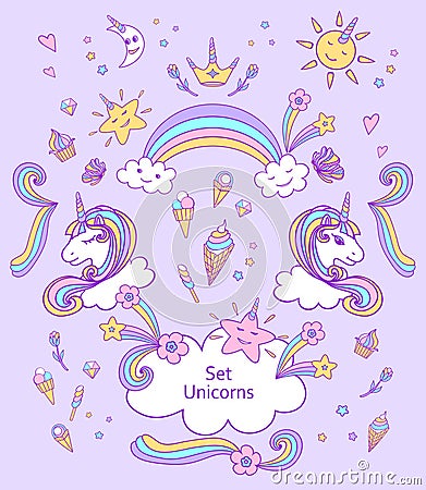 Set Unicorns and cute elements in doodle cartoon style Vector Illustration