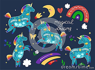 Set of unicorns and inscription magical dreams. Vector graphics Vector Illustration