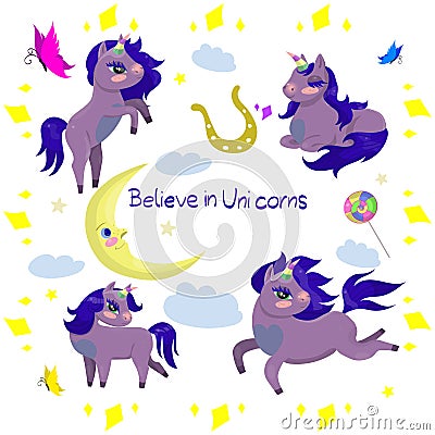 Set of unicorns and other items vector image Stock Photo