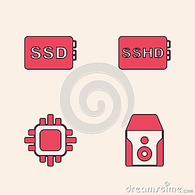 Set Uninterruptible power supply, SSD card, SSHD and Processor with CPU icon. Vector Vector Illustration