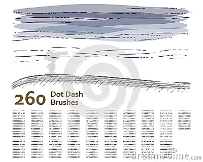 Set of 260 unique dot-dash sketch art brushes. Stock Photo