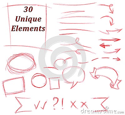 Set of 30 Unique pencil drawing elements: flourish, strokes, lines, arrows, signs, text areas, frameworks Stock Photo