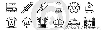 Set of 12 united kingdom icons. outline thin line icons such as london bridge, crown, street light, soccer, cricket, sword Vector Illustration