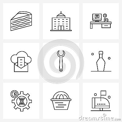 Set of 9 Universal Line Icons of wrench, maintenance, monitor, message, server Vector Illustration