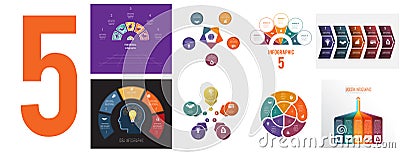 Set 8 universal templates for Infographics conceptual cyclic processes for 5 positions possible to use for workflow, banner, Vector Illustration