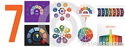 Set 8 universal templates for Infographics conceptual cyclic processes for 7 positions possible to use for workflow, banner, Vector Illustration