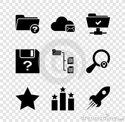 Set Unknown directory, Cloud mail server, FTP operation successful, Star, Ranking star and Rocket ship with fire icon Vector Illustration