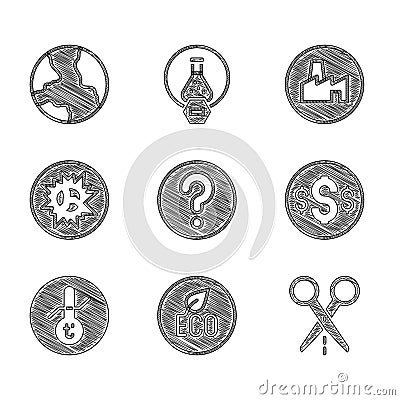 Set Unknown search, Leaf Eco symbol, Scissors with cut line, Dollar, Meteorology thermometer, Bomb explosion, Factory Vector Illustration