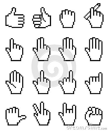 Set of unusual pixelated hand icons. Vector Illustration