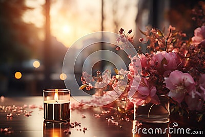 Set up a scene with warm and romantic lighting effects, creating an intimate atmosphere Stock Photo