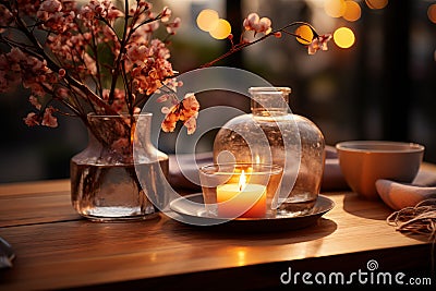 Set up a scene with warm and romantic lighting effects, creating an intimate atmosphere Stock Photo