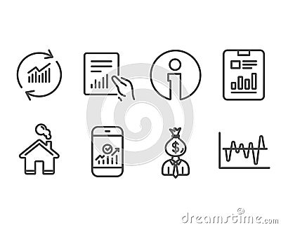 Update data, Manager and Smartphone statistics icons. Document, Report document and Stock analysis signs. Vector Illustration