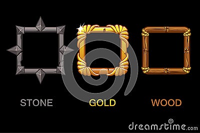 Set of upgrade square app icons, vector texture frames isolated on black background, elements for game or web design Vector Illustration