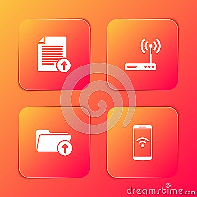 Set Upload file, Router and wi-fi, Download arrow with folder and Smartphone wireless icon. Vector Vector Illustration