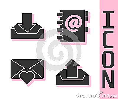 Set Upload inbox, Download inbox, Envelope with Valentine heart and Address book icon. Vector Vector Illustration