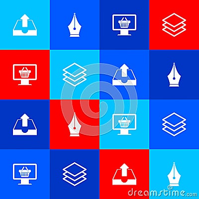 Set Upload inbox, Fountain pen nib, Monitor with shopping basket and Layers icon. Vector Vector Illustration