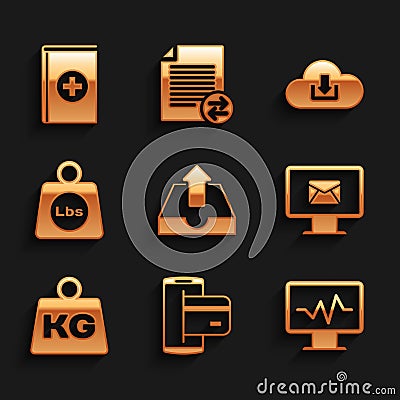 Set Upload inbox, NFC Payment, Monitor with cardiogram, and envelope, Weight and pounds icon. Vector Stock Photo