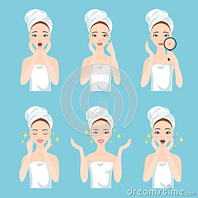 Before-After set of upset and happy women with female facial skin problems needs to care about: acne, pimples Vector Illustration