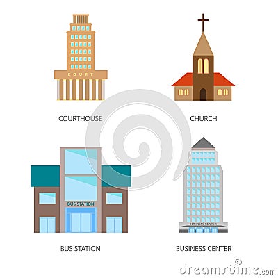 Set of urban buildings in a flat style. Courthouse, church, bus station and business center. Vector, illustration in Vector Illustration