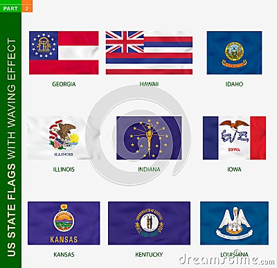 Set of US state flags with waving effect, national flag with texture Vector Illustration