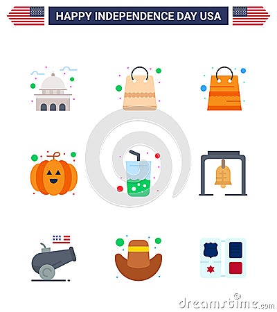 Set of 9 USA Day Icons American Symbols Independence Day Signs for bell; cola; shop; summer; glass Vector Illustration
