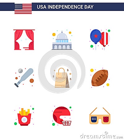 Set of 9 USA Day Icons American Symbols Independence Day Signs for usa; bag; balloons; hardball; baseball Vector Illustration