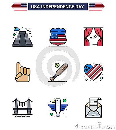 Set of 9 USA Day Icons American Symbols Independence Day Signs for baseball; american; entertainment; usa; foam hand Vector Illustration
