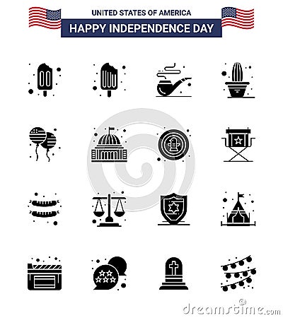 Set of 16 USA Day Icons American Symbols Independence Day Signs for american; bloons; smoke; bloon; plant Vector Illustration