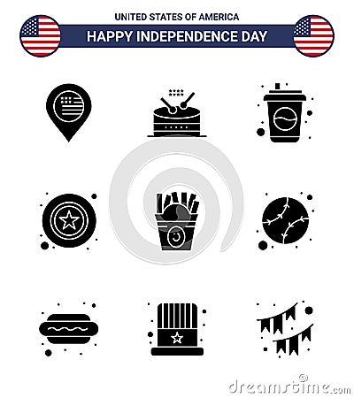 Set of 9 USA Day Icons American Symbols Independence Day Signs for fastfood; sign; bottle; star; men Vector Illustration