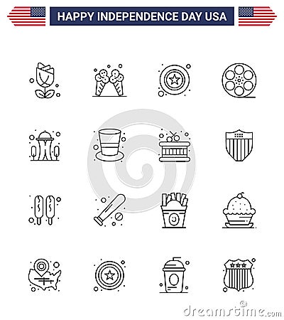 Set of 16 USA Day Icons American Symbols Independence Day Signs for landmark; american; men; video; movis Vector Illustration