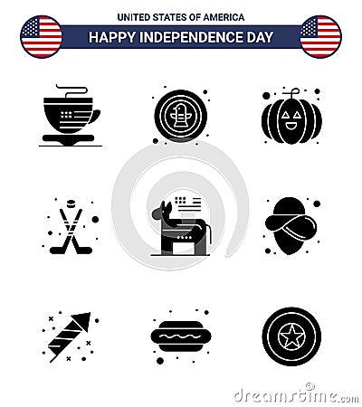 Set of 9 USA Day Icons American Symbols Independence Day Signs for political; donkey; food; sport; hokey Vector Illustration