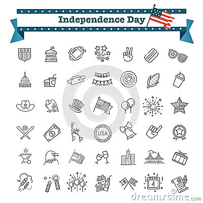 Set of 42 USA Independence Day line icons suitable for web, infographics and apps Vector Illustration