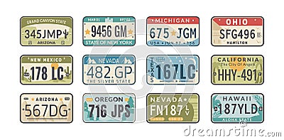 Set of USA states car vehicles registration plates Vector Illustration