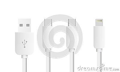 Set of USB Cable Lightning, Mini USB, Micro USB and USB type C interfaces Stock Photo