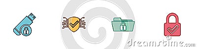 Set USB flash drive with lock, Cyber security, Folder and and Lock check mark icon. Vector Vector Illustration