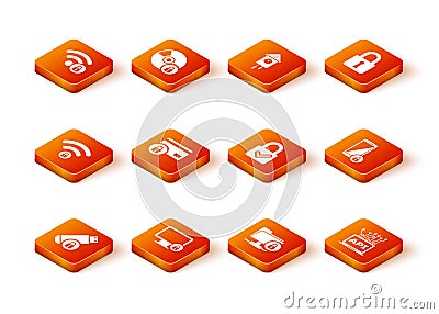 Set USB flash drive with lock, Lock on monitor, Wifi locked, Credit card, FTP folder and and check mark icon. Vector Vector Illustration