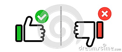 A set of thumbs up icons with a check mark and thumbs down icons with a cross mark. Vector. Vector Illustration