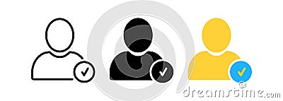 Set of user accept icons. Profile with checkmark icon. Avatar check symbol. Account sign. Shield with person silhouette Vector Illustration