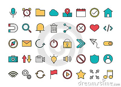 Set of user interface icons, mobile app button media and navigation linear and fill style Vector Illustration