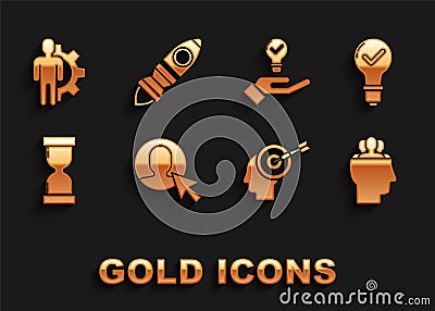 Set User of man in business suit, Light bulb and check mark, Project team base, Head hunting concept, Old hourglass with Stock Photo